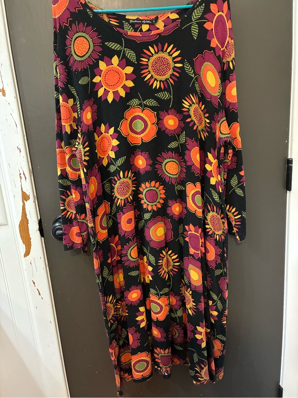 Gudrun Sjoden Black Midi Tunic Dress with Orange, Pink and Yellow Floral 🌻